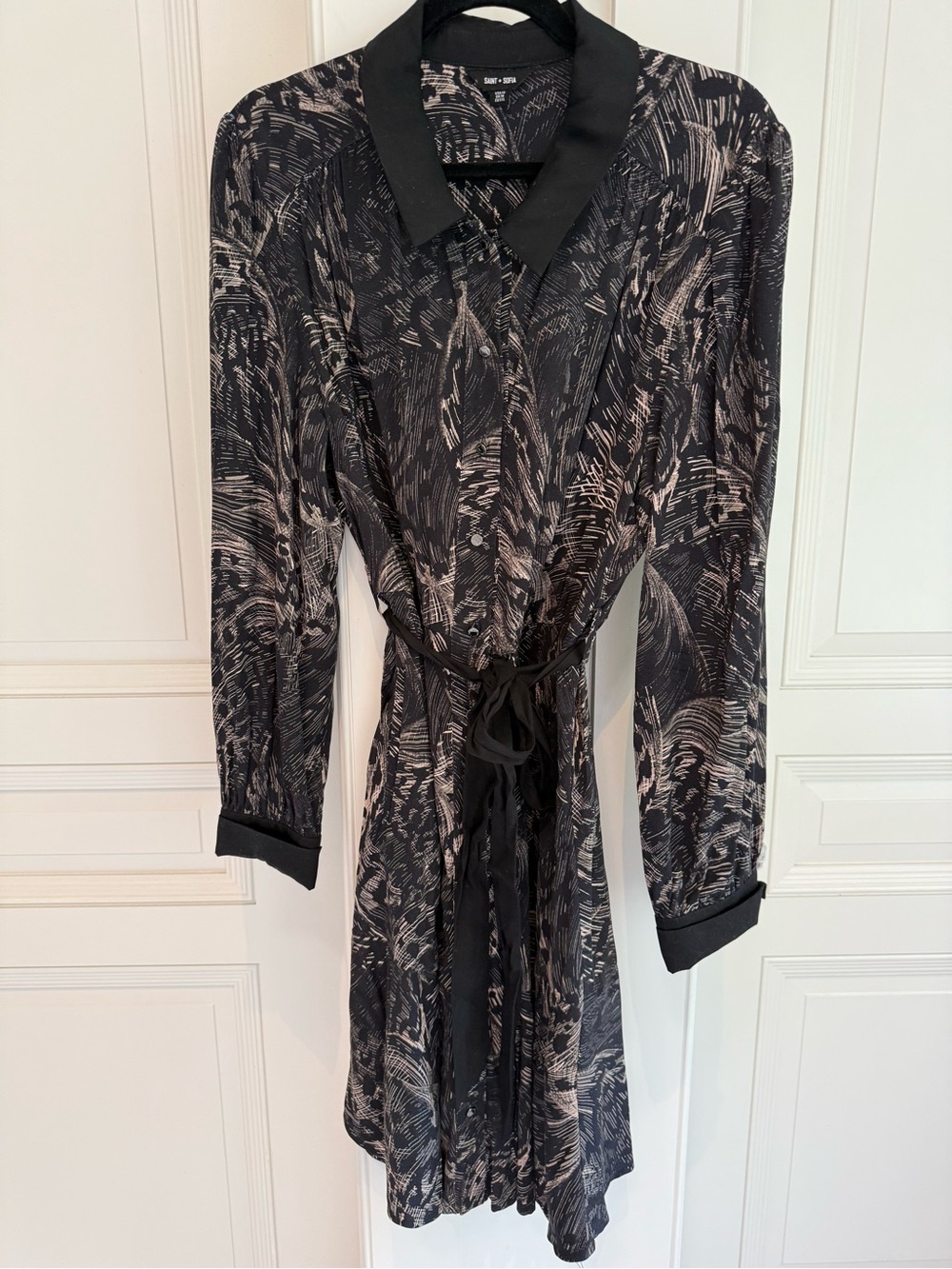 Long Sleeve Black & Cream Printed Tie-Waist Dress
